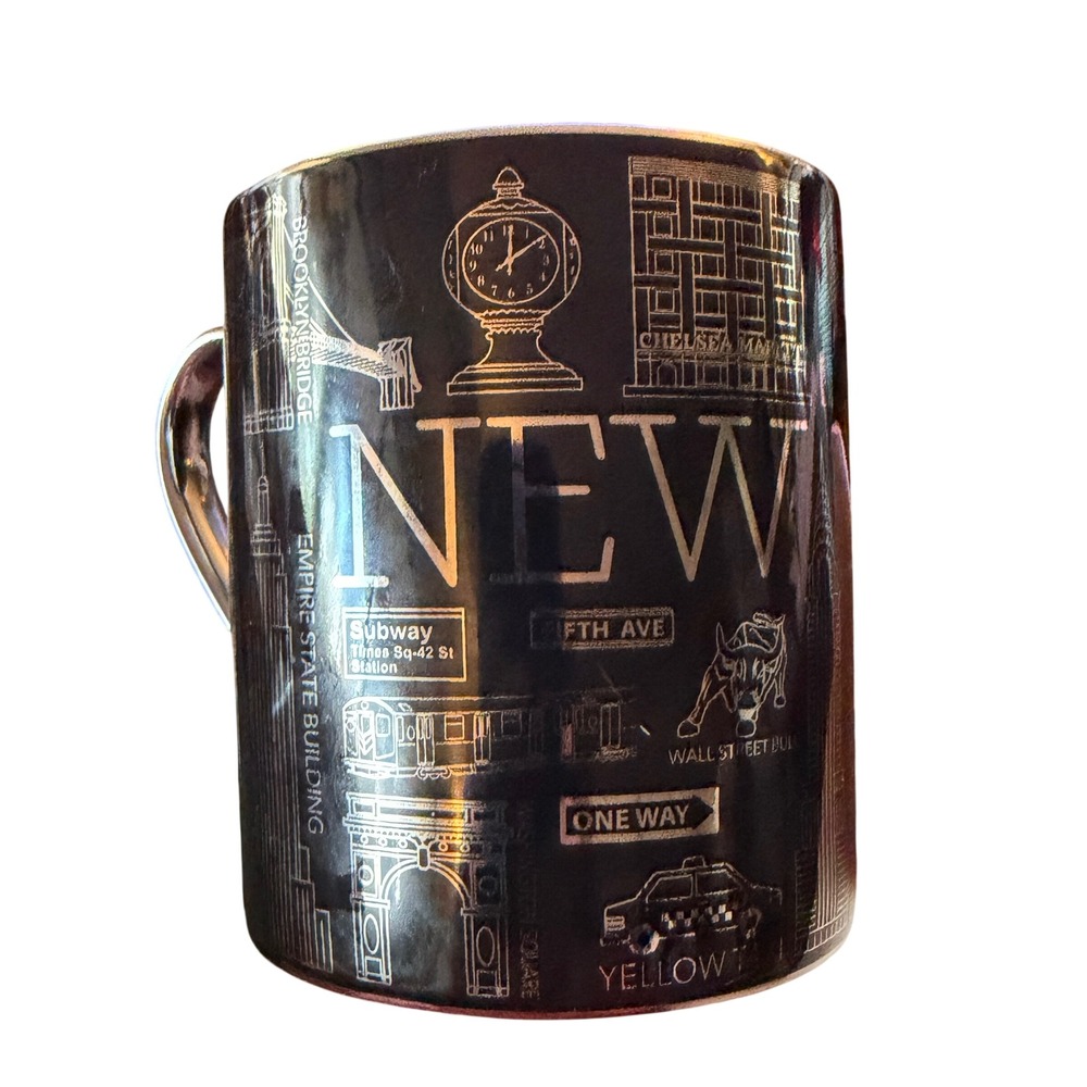 New York Souvenir Mug 14 oz NYC Black‎ Silver Metallic Landmarks NWT